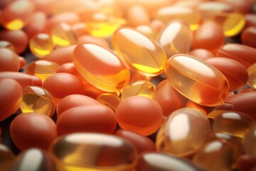 Poster - A close-up view of a bunch of fish oil capsules. This image can be used to depict health supplements, omega-3 fatty acids, dietary supplements, or vitamins