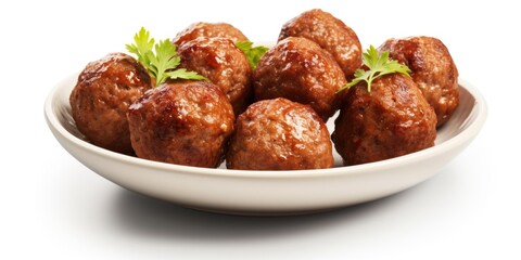 Poster - A white bowl filled with meatballs covered in sauce. Perfect for recipes, food blogs, and restaurant menus