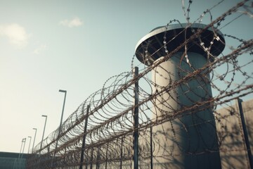 Poster - A picture of a fence with barbed wire and a tower in the background. Suitable for illustrating security, imprisonment, or boundaries