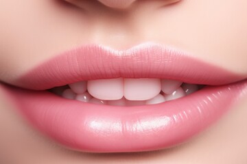 Poster - A close up of a person's mouth with a pink lip. Perfect for beauty and makeup related projects