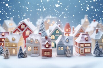 Poster - A group of small Christmas houses sitting on top of a snow covered ground. Perfect for holiday-themed designs and winter illustrations