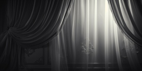 Poster - A black and white photo of a curtain. Suitable for interior design or home decor projects