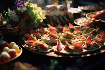 Aufkleber - A table filled with a wide range of delicious food. Perfect for food blogs, recipe websites, and restaurant promotions