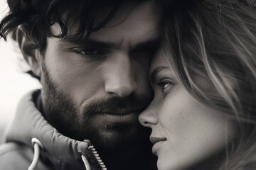 Poster - A picture capturing a moment of connection as a man and a woman look at each other. Ideal for illustrating relationships, communication, or human connection
