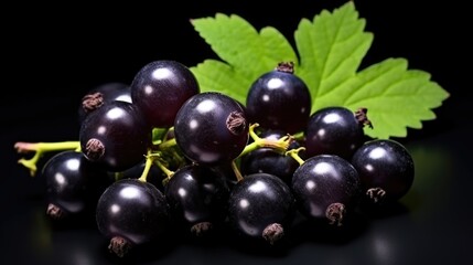 A bunch of black currants placed on a black surface. This image can be used to illustrate the concept of fresh fruits, healthy eating, or as a background for food-related designs