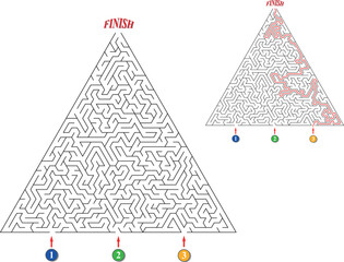 Labyrinth with three entrances. Find the right way and reach the exit of the maze. Mental educational game template with clue. Vector illustration