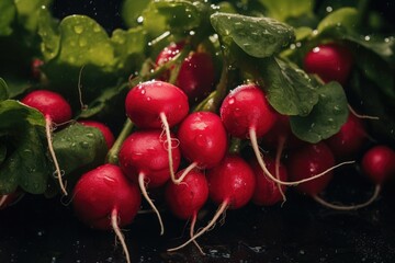 Poster - A close-up image of a bunch of radishes with water droplets on them. This picture can be used to showcase the freshness and vibrancy of organic produce.