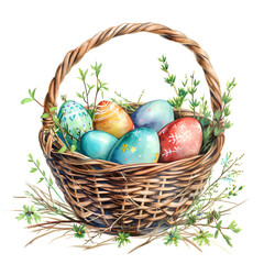 Eater basket with colorful drawn eggs for holiday card watercolor paint