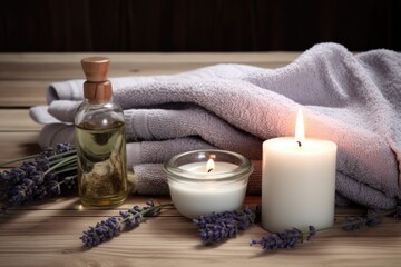 Poster - A simple arrangement of a towel, candle, and lavender flowers on a wooden table. Perfect for adding a touch of relaxation and tranquility to any space