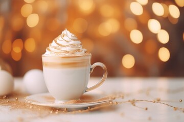 Poster - A cup of coffee with whipped cream on a saucer. Perfect for coffee lovers and cafes