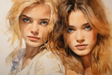 Poster - A painting featuring two women with blonde hair. This versatile image can be used to represent friendship, beauty, or diversity