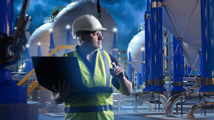 Poster - man factory engineer. guy is technologist on territory of plant. worker with laptop inspects gas tan