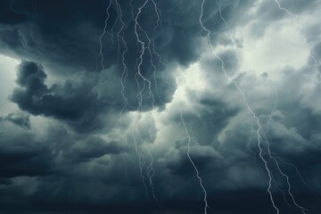 Poster - Lightning bolts captured in the sky. Perfect for illustrating the power and beauty of nature. Ideal for weather-related articles or educational materials