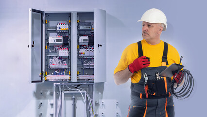 Poster - electrician near power cabinet. male power engineer worker looks away. electrical panel on wall. ele