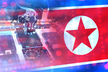 Poster - Microchips production in North Korea. Microprocessor manufacturing machine. PCB production in DPRK. Microelectronics plant in North Korea. Machine for automatic creation of microchips. PCB industry