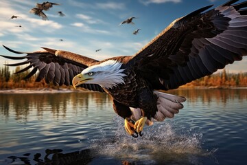 Poster - A majestic bald eagle soaring through the sky above a serene body of water. Perfect for nature and wildlife enthusiasts.