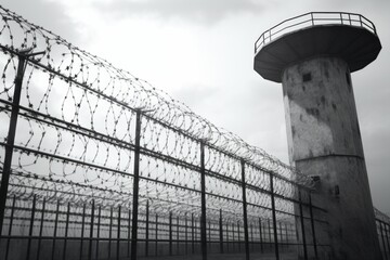 Aufkleber - A black and white photo of a tower surrounded by barbed wire. Suitable for depicting confinement, security, or imprisonment.