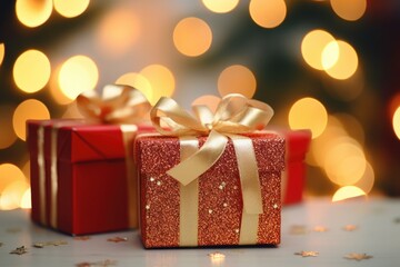 Poster - Two red gift boxes with gold bows sitting side by side. Perfect for any occasion or celebration