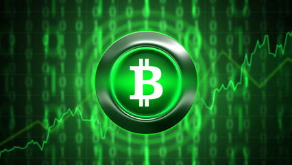 Poster - Bitcoin background. BTC logo. Bitcoin scenery. Green cryptocurrency symbol. Bitcoin technology. Investments in BTC currency. Digital decentralized money. Blockchain business. 3d image