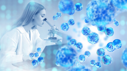 Poster - woman laboratory assistant. scientist studying blue molecules. biologist with microscope. laboratory