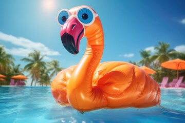 Poster - An inflatable flamingo floating in a pool. Perfect for summer pool parties and tropical-themed events