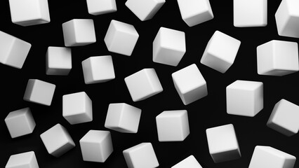Poster - Geometric background. White flying cubes. Volumetric squares on black. Minimalistic background. Geometric elements. Stylish pattern. Texture for site. Background for business presentation. 3d image