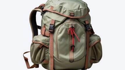 Poster - A green backpack with a red handle is pictured on a white background. This versatile image can be used to depict travel, adventure, school, or outdoor activities