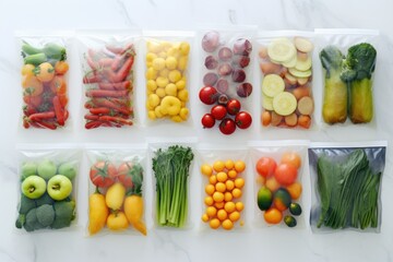 Aufkleber - A collection of various fruits and vegetables packed in plastic bags. Perfect for illustrating healthy eating, grocery shopping, or meal preparation.