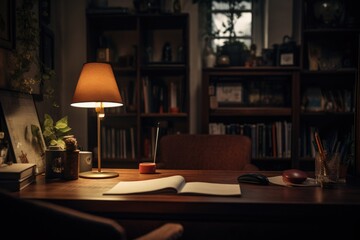 Wall Mural - A simple desk with a lamp and a book. Perfect for office or study-related designs