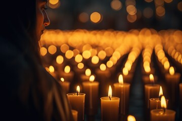 Poster - A person is seen looking at a row of lit candles. This image can be used to create a peaceful and serene atmosphere