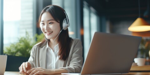 Canvas Print - A woman sitting at a table, using a laptop and wearing headphones. This image can be used to depict a person working or studying remotely