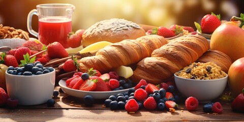 Poster - A wooden table topped with croissants, fruit, and a croissant. Ideal for food and breakfast concepts