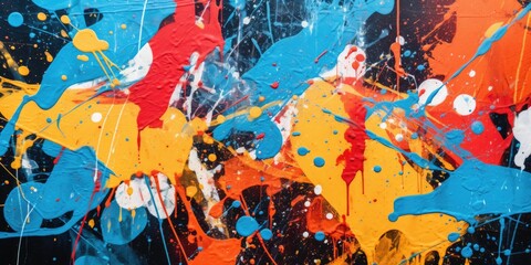 Poster - Colorful abstract painting with splatters of blue, orange, and red paint. Perfect for adding a vibrant touch to any project or design