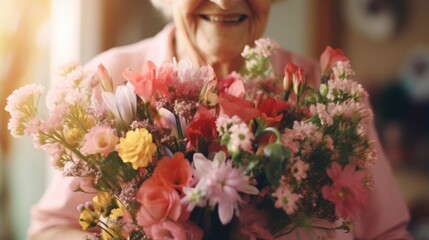 Poster - A woman holding a bouquet of flowers. Perfect for adding a touch of elegance to any project