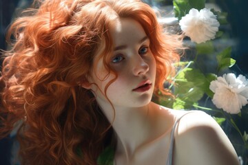 Poster - A woman with vibrant red hair wearing a white flower in her hair. This image can be used for various purposes