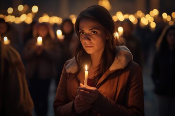 Poster - A woman holds a lit candle in front of a crowd of people. This image can be used to symbolize unity, hope, or a peaceful protest
