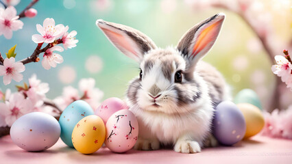 Cute Easter bunny and colorful decorated eggs on blurred blossom cherry spring pastel background.
Festive banner with space for text.Generative AI