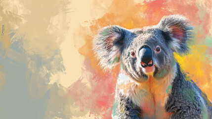 Poster -  a close up of a koala on a multicolored background with a grungy look on it's face.