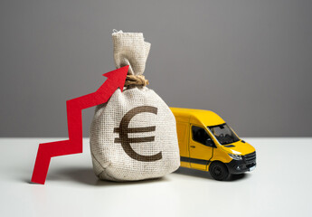 Wall Mural - Delivery van and euro money bag with red arrow up. Transport industry. Trade and sale of goods. High customer costs for online shopping. Increased profits when delivering online orders.