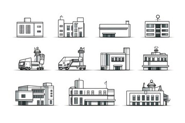 Aufkleber - A collection of black and white sketches showcasing various buildings. Ideal for architectural presentations or urban design projects