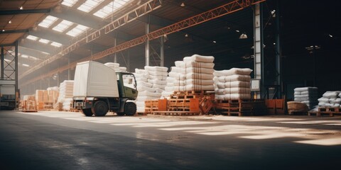 Poster - A truck parked inside a spacious warehouse. This image can be used to depict transportation, logistics, storage, or industrial operations