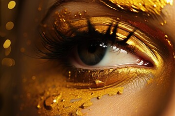 Poster - A close-up view of a person's eye with gold paint on it. This striking image can be used in various creative projects and advertisements