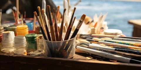 Aufkleber - Paint brushes neatly arranged on a table. Suitable for creative projects and art-related themes