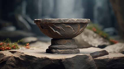 Poster - A stone bowl placed on a stack of rocks. This versatile image can be used to depict concepts such as balance, nature, simplicity, and serenity. Ideal for websites, blogs, articles, and presentations