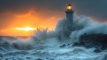  A Lighthouse In The Middle Of The Ocean With A Large Wave Crashing Against It And The Sun In The Background.