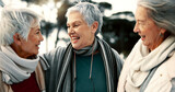 Fototapeta  - Talking, laughing and senior woman friends outdoor in a park together for bonding during retirement. Happy, smile and funny with a group of elderly people chatting in a garden for humor or fun