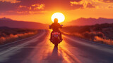 Fototapeta Miasta - Back view of a motorcyclist at sunset on an american road