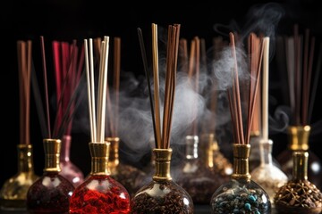 Aufkleber - A row of incense sticks in a glass container. Perfect for creating a calming and aromatic atmosphere.