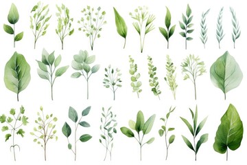 Poster - A collection of watercolor green leaves on a white background. Perfect for nature-themed designs and botanical illustrations
