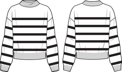 Wall Mural - Women's High Neck Nautical Striped Jumper. Technical fashion illustration. Front and back, white color. Women's CAD mock-up.